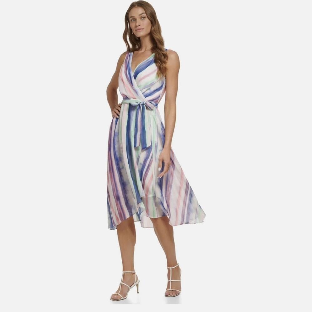 DKNY Asymmetrical Dress in Pastel Stripes